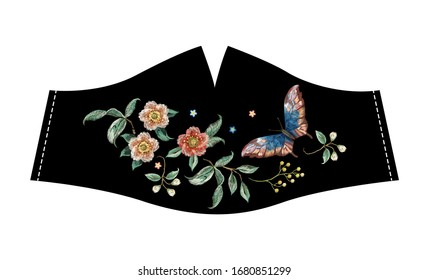    Embroidery trend floral pattern with flowers and butterfly. Vector traditional folk floral on black background for design Face Masks.