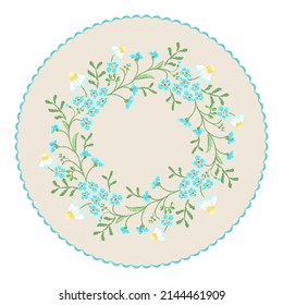 Stickereien Trendblumenmuster mit vergessenen Noten und Camomilen. Vektor traditionelles besticktes Bouquet mit Blumen auf beigem Hintergrund für Servietten und Tragen.