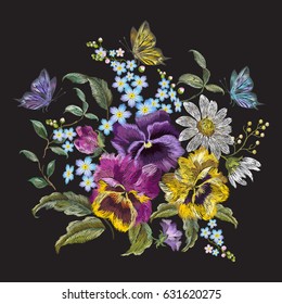 Embroidery trend floral pattern with pansies, chamomiles and forget me not flowers. Vector traditional embroidered bouquet with butterfly on black background for clothing design