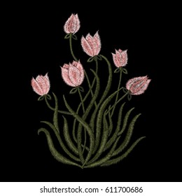 Embroidery trend floral pattern with pink tulips in simplistic style. Vector fashion bouquet of flowers sign on black background for clothing design.