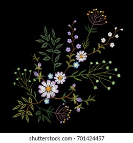 Tendencia de bordado floral ramas pequeñas hierba margarita con pequeña flor azul violeta. Ornate la flor de la correa de diseño tradicional de la moto folclórica en la ilustración vectorial de fondo negro