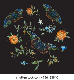 Embroidery trend floral pattern with wild roses and butterflies. Vector traditional design set with flowers for wearing.