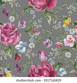 Embroidery trend floral seamless pattern with roses, violets and butterflies. Vector traditional folk flowers decor on white background for clothing design.