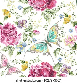 Embroidery trend floral seamless pattern with roses, violets and butterflies. Vector traditional folk flowers decor on white background for clothing design.