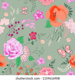 Embroidery trend floral seamless pattern with butterfly and flowers . Vector traditional folk flowers decor on white background for clothing design.