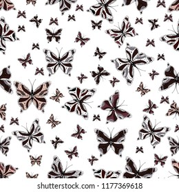 Embroidery trend floral seamless pattern with exotic butterflies. Vector traditional folk flowers decor on white, brown and gray background for clothing design. Simple cute pattern for card.