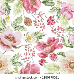 Embroidery trend floral seamless pattern with poppies and raspberries. Vector traditional folk flowers decor on white background for clothing design.