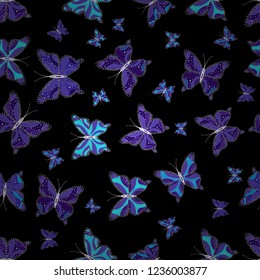 Embroidery trend floral seamless pattern with exotic butterflies. Simple cute pattern for card. Vector traditional folk flowers decor on blue, violet and black background for clothing design.
