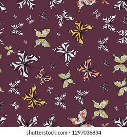 Embroidery trend floral seamless pattern with exotic butterflies. Simple cute pattern for card, print,. Vector traditional folk flowers decor on purple, brown and white background for clothing design.