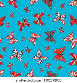 Embroidery trend floral seamless pattern with exotic butterflies. Simple cute pattern for card, print. Vector traditional folk flowers decor on red, blue and white background for clothing design.