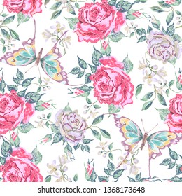 Embroidery trend floral seamless pattern with butterflies and roses. Vector traditional folk flowers decor on white background for clothing design.