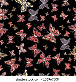 Embroidery trend floral seamless pattern with exotic butterflies. Vector traditional folk flowers decor on pink, brown and black background for clothing design. Simple cute pattern for card, print.