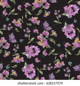 Tendencia de bordado sin flor, sin fisuras con los panes y no me olviden. Decoración vectorial tradicional de flores folclóricas sobre fondo negro para el diseño de ropa.