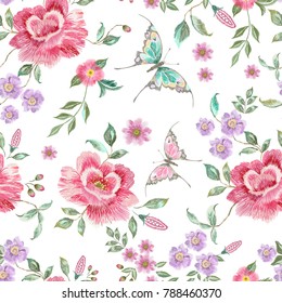 Embroidery trend floral seamless pattern with roses, violets and exotic butterflies. Vector traditional folk flowers decor on white background for clothing design.