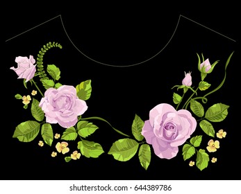 Embroidery trend neckline pattern with lilac roses. Vector traditional floral bouquet template with flowers for textile print, fashion, clothing design.