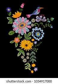 Embroidery trend pattern with bird and fantasy flowers. Vector embroidered floral design for fashion.