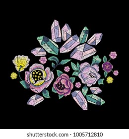 Tendencia de bordado con gemas y flores. Vector bordado en diseño floral para vestir la moda.