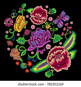 Embroidery Trend Round Pattern With Colorful Simplify Flowers. Vector Embroidered Floral Patch For Clothing Design.