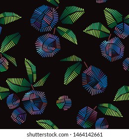 Embroidery trend seamless pattern with plums and green leaves on black background. Fresh fruits. Plum pattern. Vector embroidered design for fashion fabric