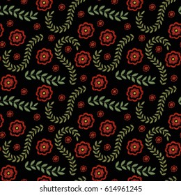 Embroidery trendy floral seamless pattern. Flowers ornament endless background, texture. Vector illustration