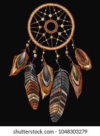Embroidery tribal dream catcher boho native american indian talisman dreamcatcher. Fashionable template for design of clothes. Magic tribal feathers 