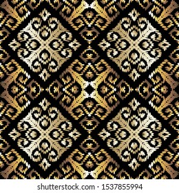 Embroidery tribal ethnic vector seamless pattern. Gold tapestry geometric background. Grunge repeat backdrop. Embroidered ornaments. Abstract symmetrical carpet textured design. Endless texture.