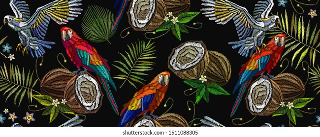 Embroidery. Tropical art. Parrots, palm leaves, pineapple and coconut horizontal seamless pattern Fashionable jungle, hot summer background. Template for design of clothes 