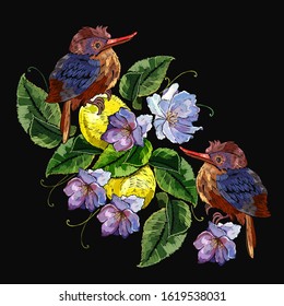 Embroidery tropical birds, blossoming lemons and spring pink flowers. Fashion spring template, t-shirt design