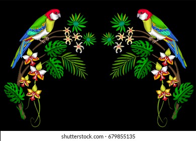 Embroidery tropical birds parrots, palm leaves and exotic flowers.