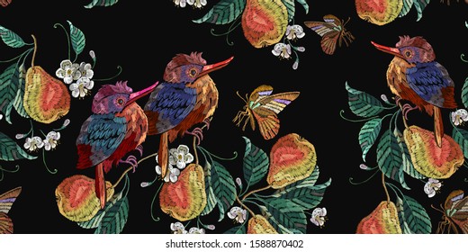 Embroidery tropical birds and pear fruits leaves. Botanical illustration. Horizontal seamless pattern. Fashion clothes template, t-shirt design