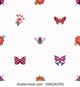 Embroidery tropical butterfly, honey bee, marigold flowers, flying ladybug, insects patch. Fashion patches with summer wild nature illustration embroideries. Seamless pattern backdrop.