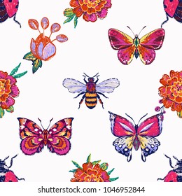 Embroidery tropical butterfly, honey bee, marigold flowers, flying ladybug, insects patch. Fashion patches with summer wild nature illustration embroideries. Seamless pattern backdrop.