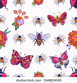 Embroidery tropical butterfly, honey bee, marigold flowers, flying ladybug, insects patch. Fashion patches with summer wild nature illustration embroideries. Seamless pattern backdrop.