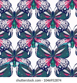 Embroidery tropical butterfly, insect patch. Fashion patches with butterflies, summer wild nature illustration embroideries. Seamless pattern backdrop. Traditional art with insects on white background