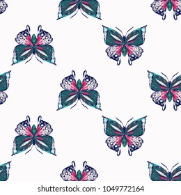 Embroidery tropical butterfly, insect patch. Fashion patches with butterflies, summer wild nature illustration embroideries. Seamless pattern backdrop. Traditional art with insects on white background