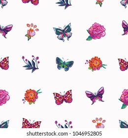 Embroidery tropical butterfly, marigolds, peony flower, bright flower, decorative branch, insects patch. Fashion patches with summer wild nature illustration embroideries. Seamless pattern backdrop.