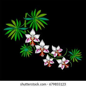 Embroidery with tropical flowers and palm leaves, ornament for decoration of clothes.