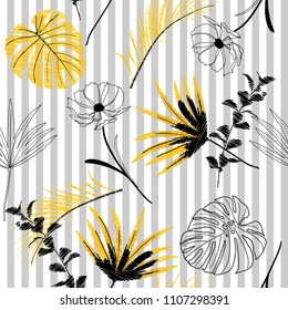  Embroidery tropical forest elements on stripes seamless pattern vector for fashion fabric and all prints on light grey background