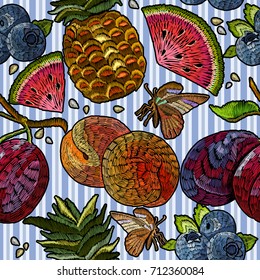 Embroidery tropical fruit seamless pattern. Template for clothes, textiles, t-shirt design. Summer embroidery watermelon, pineapple, plums, berries, butterflies seamless pattern