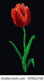 Embroidery tulip. Beautiful spring red tulip against black background, embroidery template