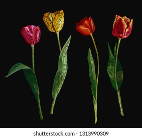 Embroidery tulips collection, hand drawn elements. Fashionable template for design of clothes, t-shirt design, tapestry 