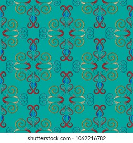Embroidery turquoise damask seamless pattern. Baroque style floral vector tapestry background. Vintage embroidered flowers, leaves, swirls, scrolls. Antique fancywork ornaments. Grunge texture