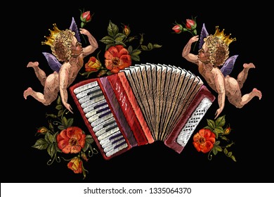 Embroidery two angels, accordion and roses flowers. Chanson concept. Music art. Template for clothes, t-shirt design 