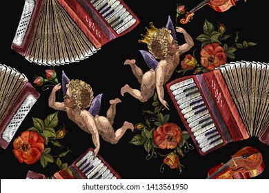 Embroidery two angels, accordion and roses flowers seamless pattern. Renaissance template for clothes, t-shirt design. Chanson concept. Music art 