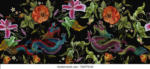 Embroidery two chinese dragons and roses flowers seamless pattern. Asian dragons and beautiful red roses vector. Art dragons t-shirt design. Clothes, textile design template 