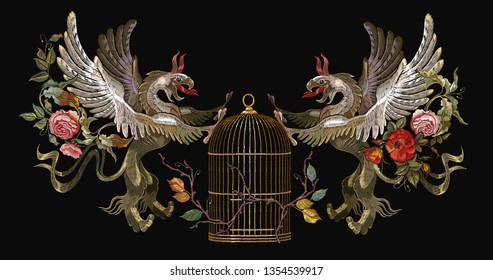 Embroidery Two Griffins And Gold Cage. Medieval Art. Gothic Tapestry Renaissance Style. Template For Clothes, T-shirt Design 