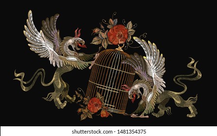 Embroidery two griffins and gold cage. Template for clothes, t-shirt design. Medieval art. Gothic tapestry renaissance style 