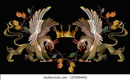 Embroidery two griffins and golden crown. Medieval concept. Gothic tapestry renaissance art. Template for clothes, t-shirt design 