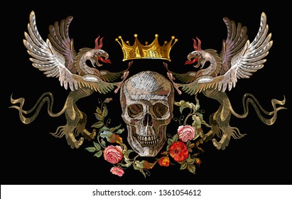 Embroidery two griffins, skull and flowers. Medieval art. Template for clothes, t-shirt design. Gothic tapestry renaissance style 