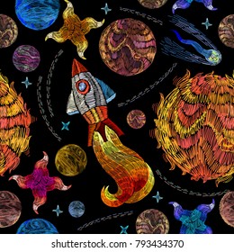 Embroidery universe seamless pattern. Rocket, planet, solar system, galaxy. Space embroidery, planet and space rockets. Childish background t-shirt design 